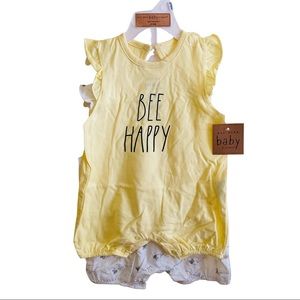Rae Dunn Baby Girl Newborn Bee Happy Rompers Set 6-9M